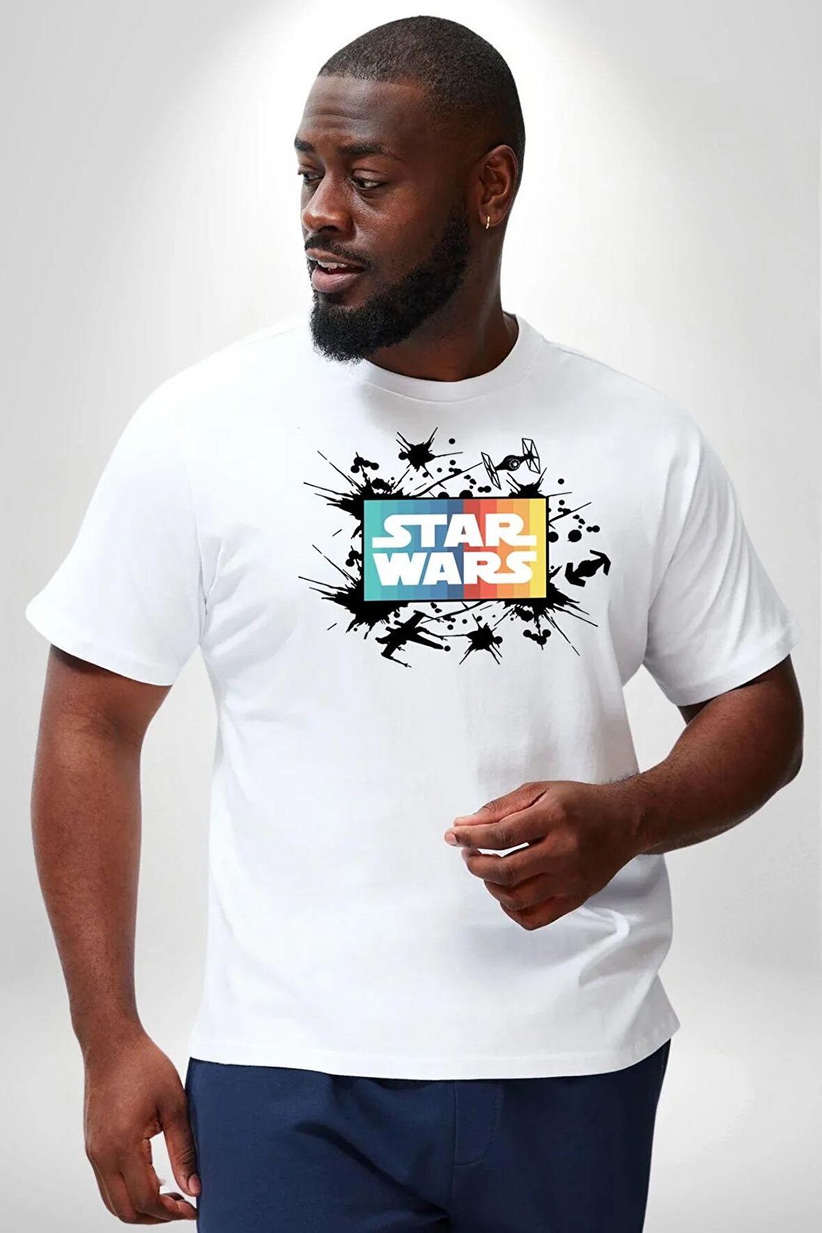 Star Wars Beyaz Büyük Beden Kadın Erkek Ünisex  Basic Ön Baskılı Tişört