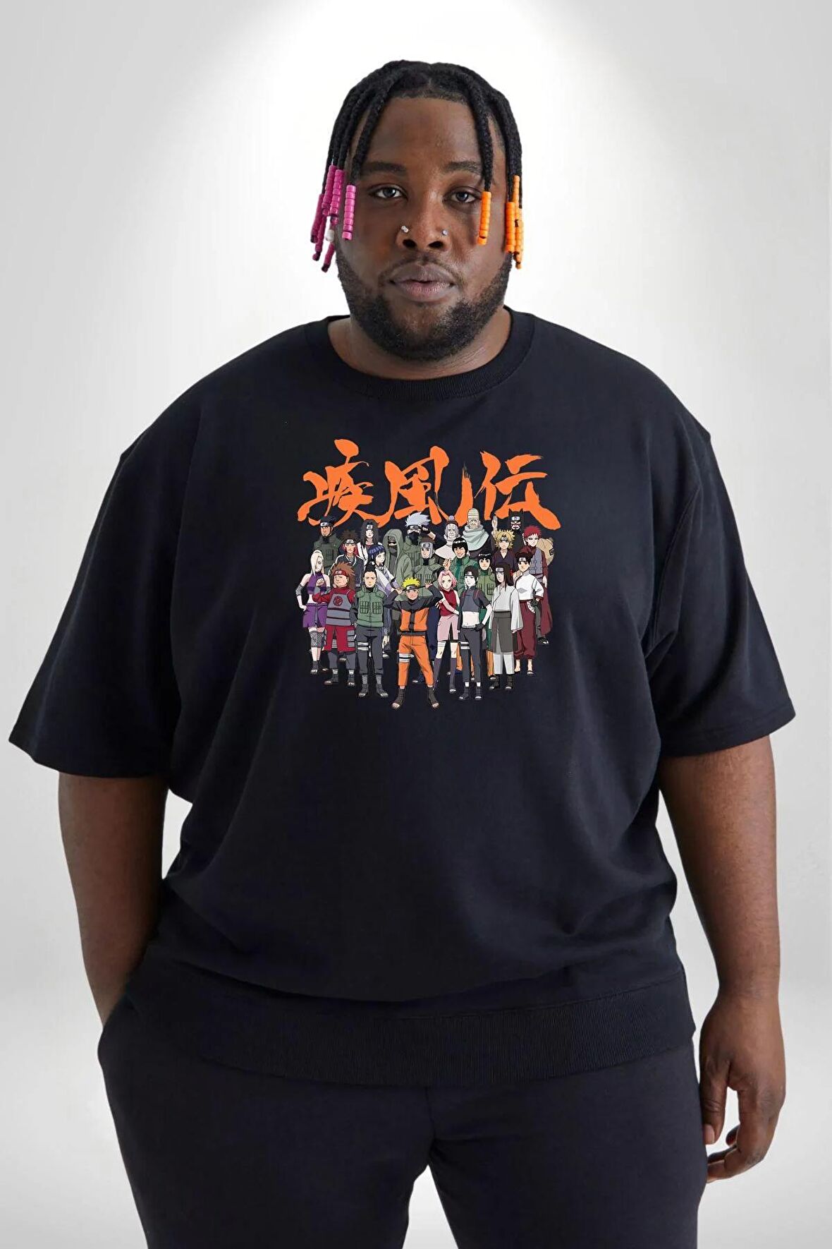 Naruto Shippuden Oyuncuları Siyah Büyük Beden Erkek Kadın Unisex Basic Ön Baskılı Tişört