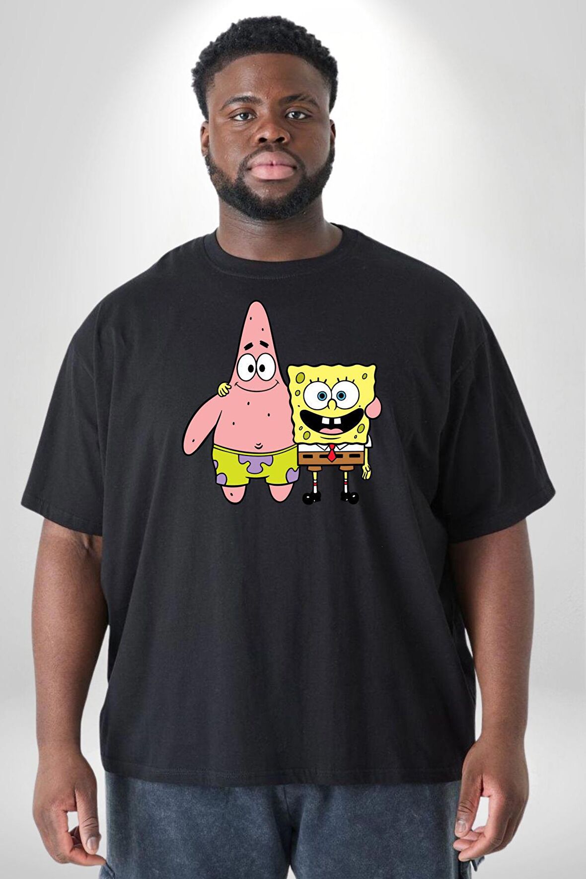 Patric ve Sünger Bob Siyah Büyük Beden Erkek Kadın Unisex Basic Ön Baskılı Tişört