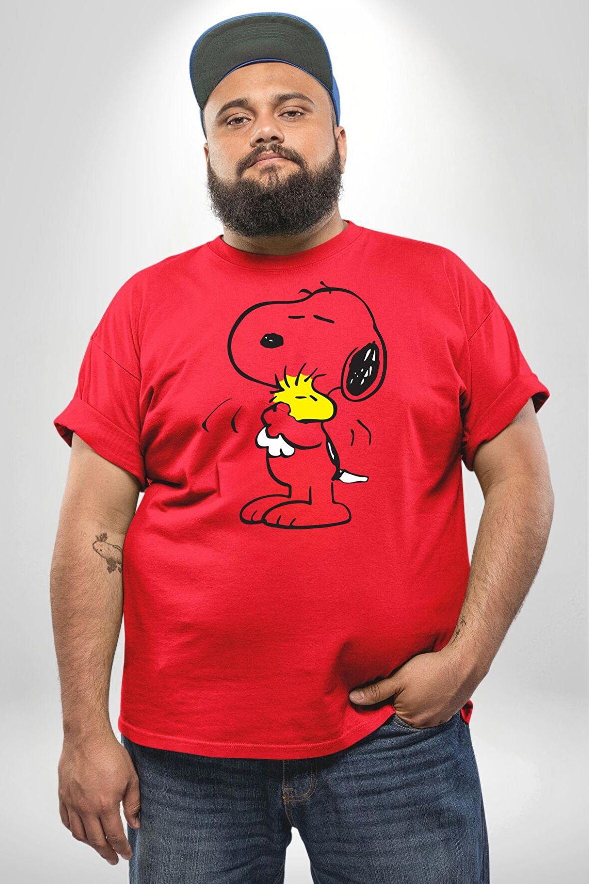 Snoopy Kuş Sevgisi Kırmızı Büyük Beden Erkek Kadın Unisex Basic Ön Baskılı Tişört