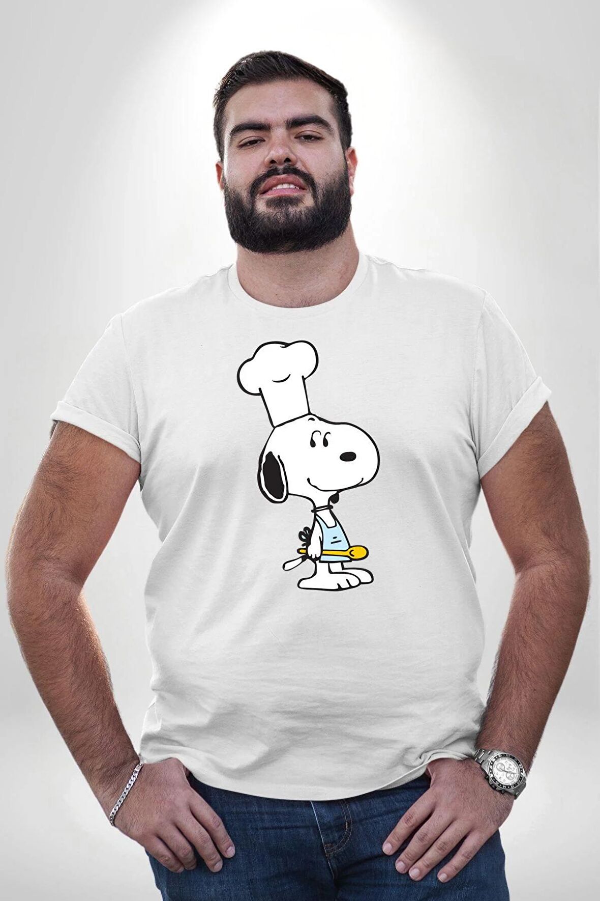 Snoopy Yemek Aşcı Beyaz Büyük Beden Kadın Erkek Ünisex  Basic Ön Baskılı Tişört