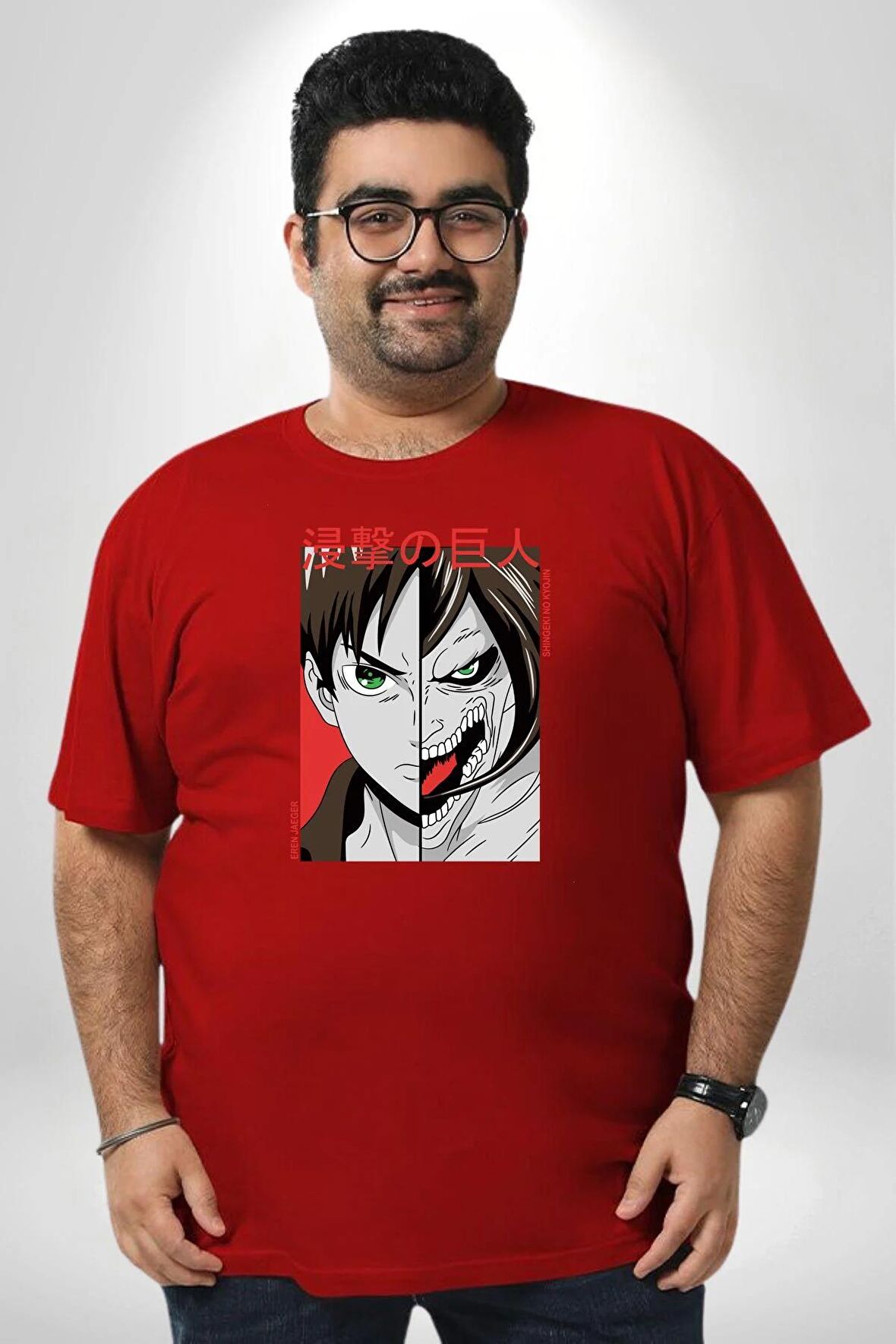 Anime Titan Saldırısı  Kırmızı Büyük Beden Erkek Kadın Unisex Basic Ön Baskılı Tişört