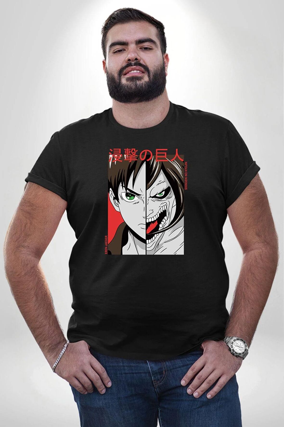 Anime Titan Saldırısı  Siyah Büyük Beden Erkek Kadın Unisex Basic Ön Baskılı Tişört