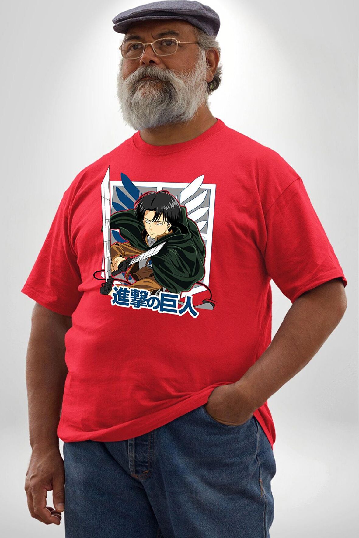 Anime Levi Ackerman Beyaz Ve Kırmızı Kanatlar Kırmızı Büyük Beden Erkek Kadın Unisex Basic Ön Baskılı Tişört