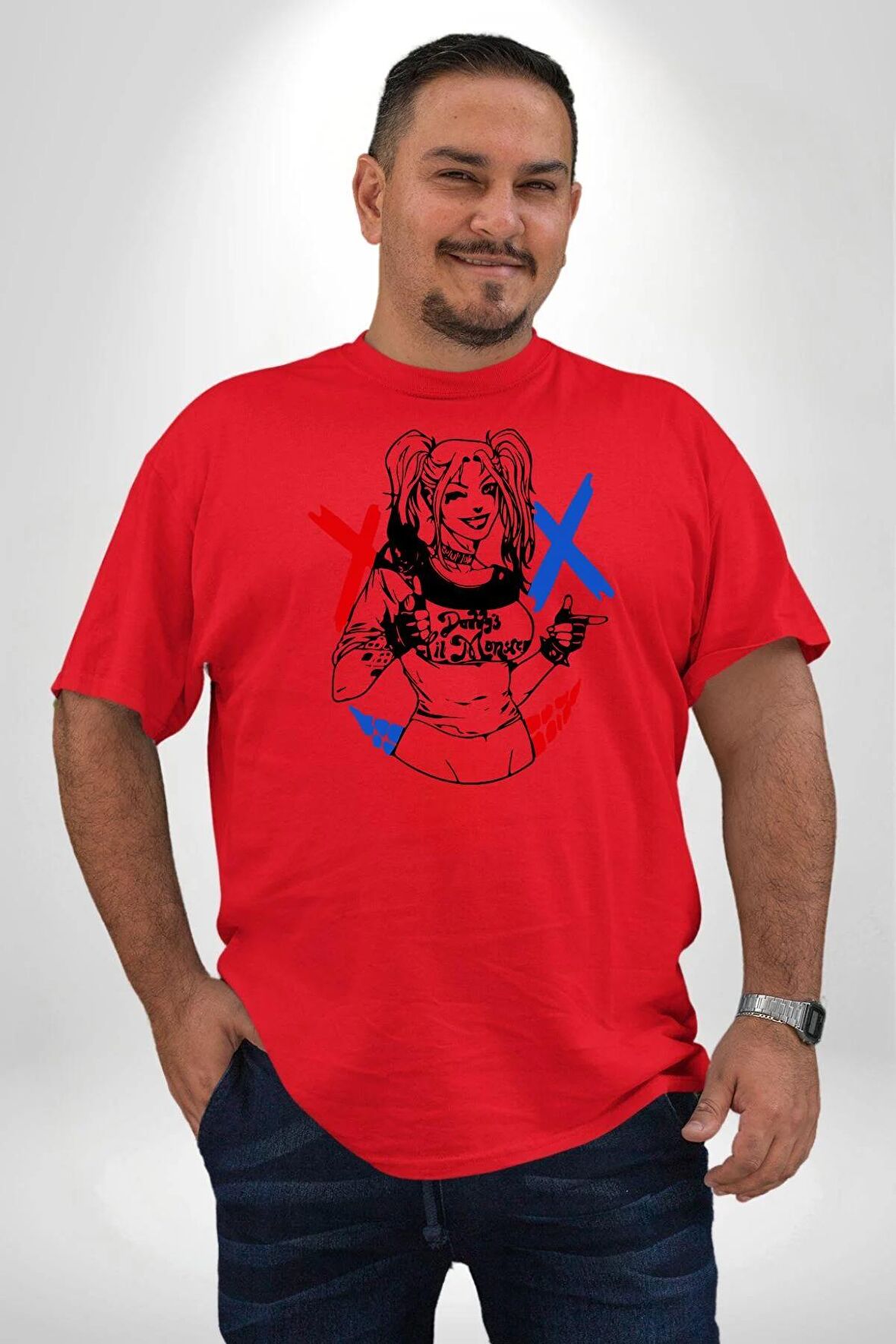 Harley Quinn Kırmızı Büyük Beden Erkek Kadın Unisex Basic Ön Baskılı Tişört