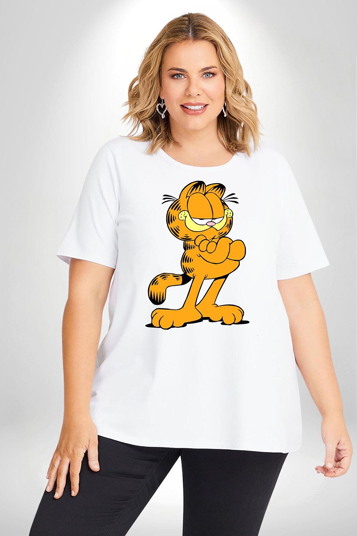 Garfield Beyaz Büyük Beden Kadın Erkek Ünisex  Basic Ön Baskılı Tişört
