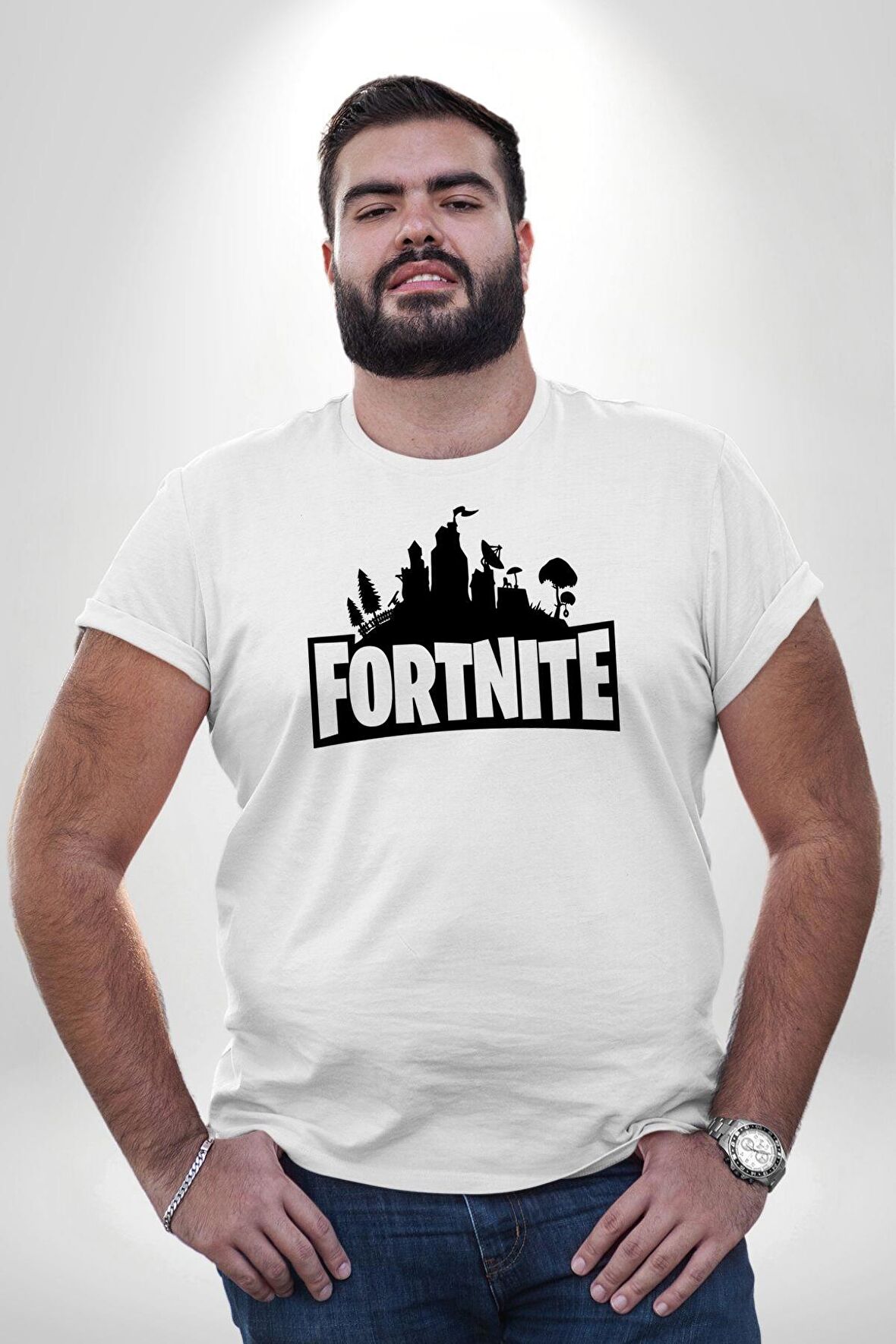 Fortnite Beyaz Büyük Beden Kadın Erkek Ünisex  Basic Ön Baskılı Tişört