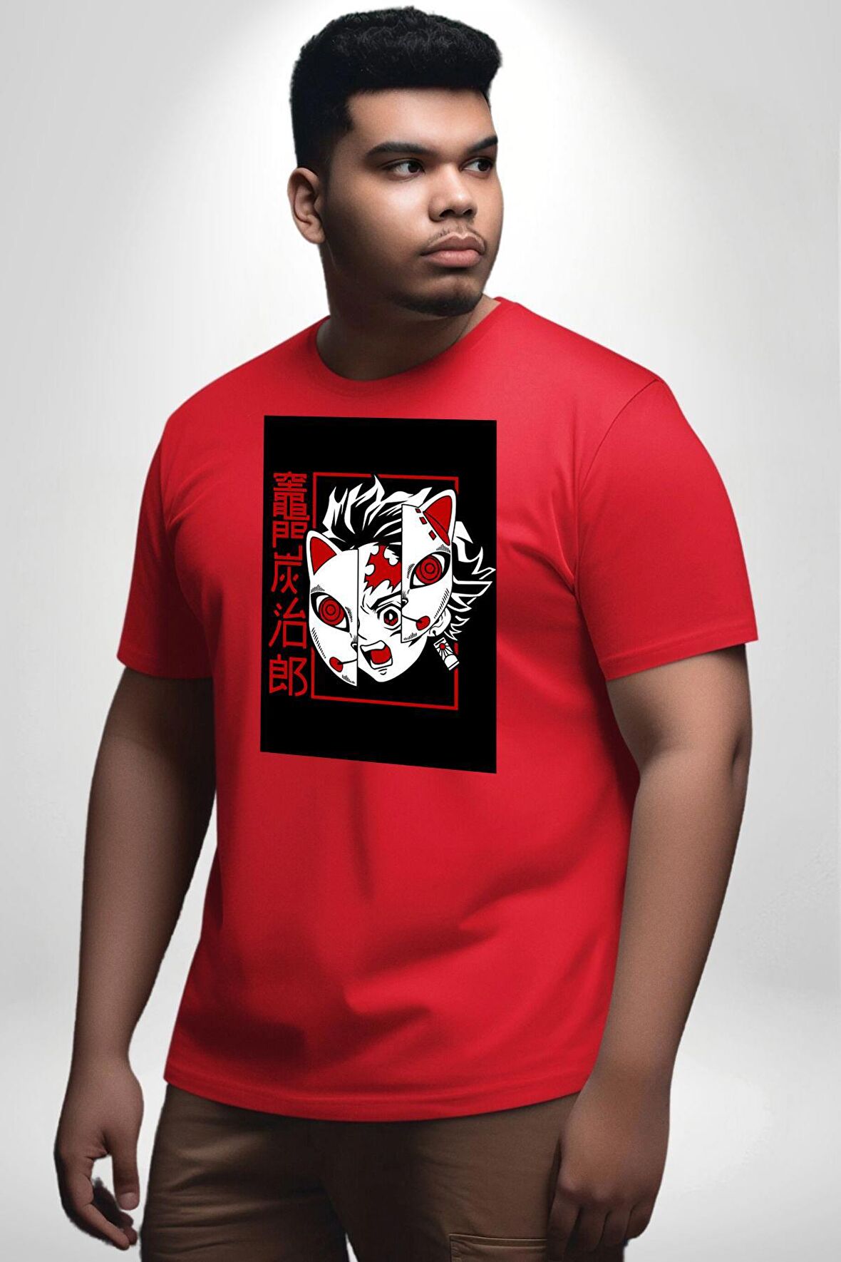 Anime İblis Avcısı Kimetsu No Yaiba Maske Kırmızı Büyük Beden Erkek Kadın Unisex Basic Ön Baskılı Tişört