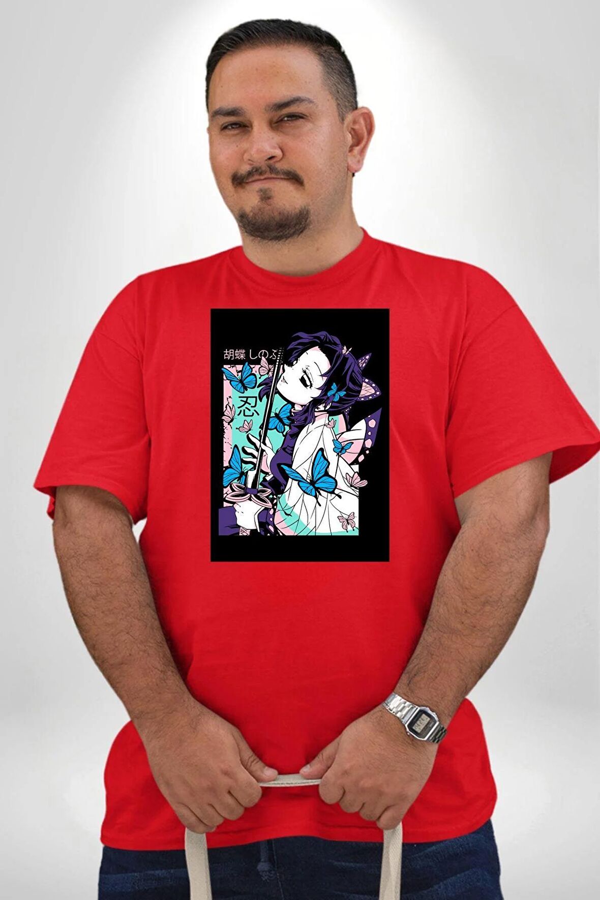Shinobu Kocho Demon Slayer  Kırmızı Büyük Beden Erkek Kadın Unisex Basic Ön Baskılı Tişört
