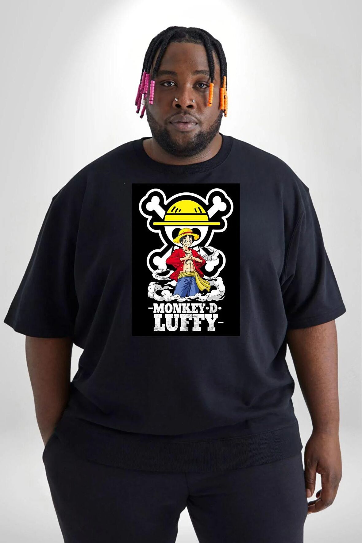 Monkey D. Luffy Japon Anime Siyah Büyük Beden Erkek Kadın Unisex Basic Ön Baskılı Tişört