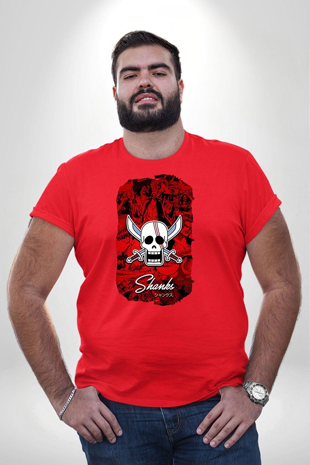 Shank Korsan Partisi Anime Kırmızı Büyük Beden Erkek Kadın Unisex Basic Ön Baskılı Tişört