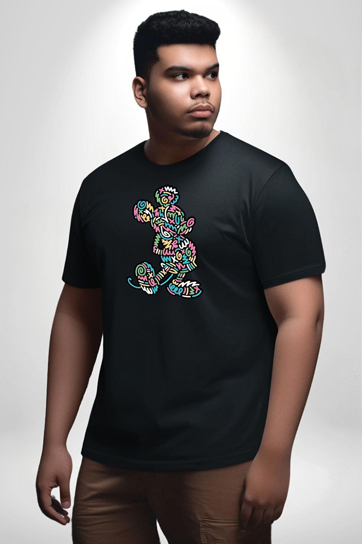 Mickey Yeni Nesil Tasarım Siyah Büyük Beden Erkek Kadın Unisex Basic Ön Baskılı Tişört