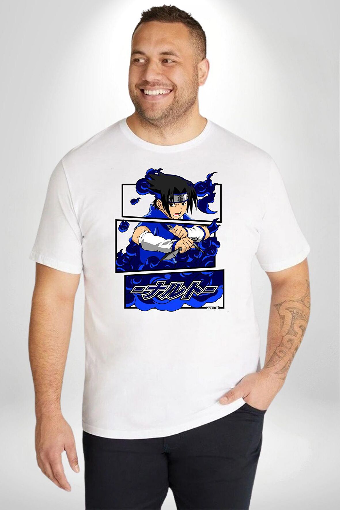 Sasuke Uchiha Anime Beyaz Büyük Beden Kadın Erkek Ünisex  Basic Ön Baskılı Tişört