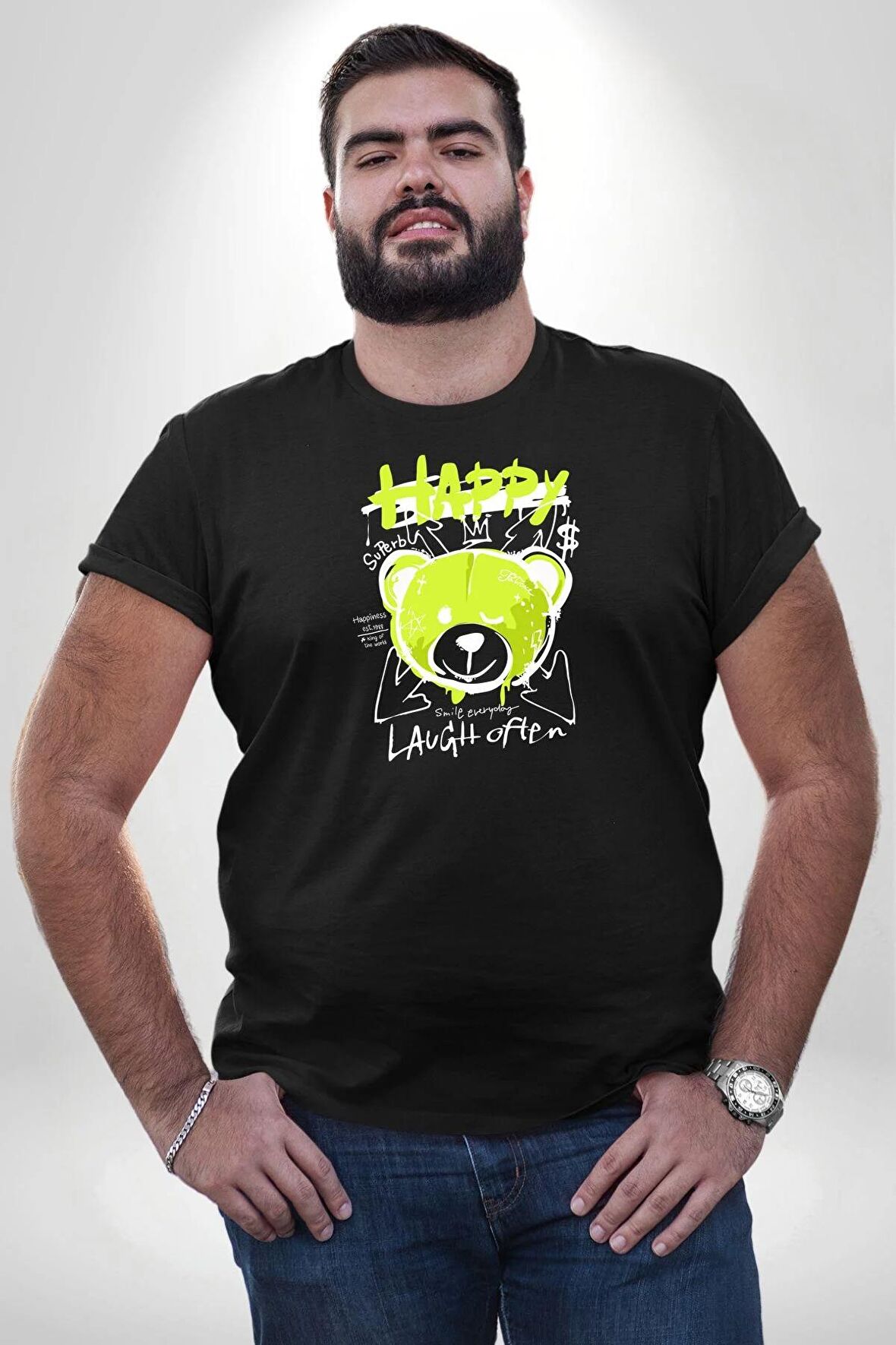Sık Sık Mutlu Gülmek Teddy Bear Siyah Büyük Beden Erkek Kadın Unisex Basic Ön Baskılı Tişört