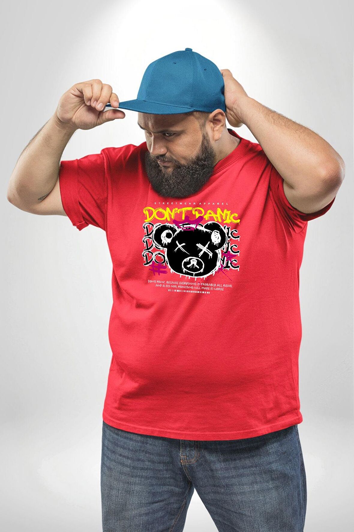 Panik Yok Teddy Kırmızı Büyük Beden Erkek Kadın Unisex Basic Ön Baskılı Tişört