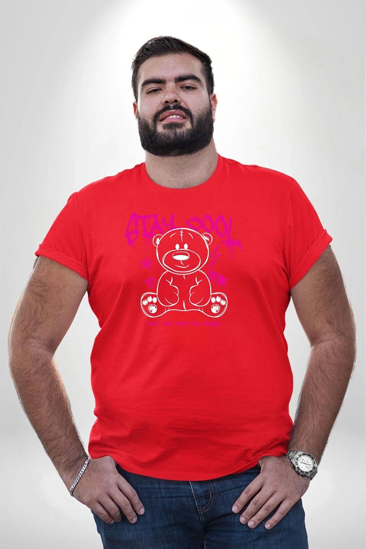 Serin Ve Mutlu Kal Kırmızı Büyük Beden Erkek Kadın Unisex Basic Ön Baskılı Tişört