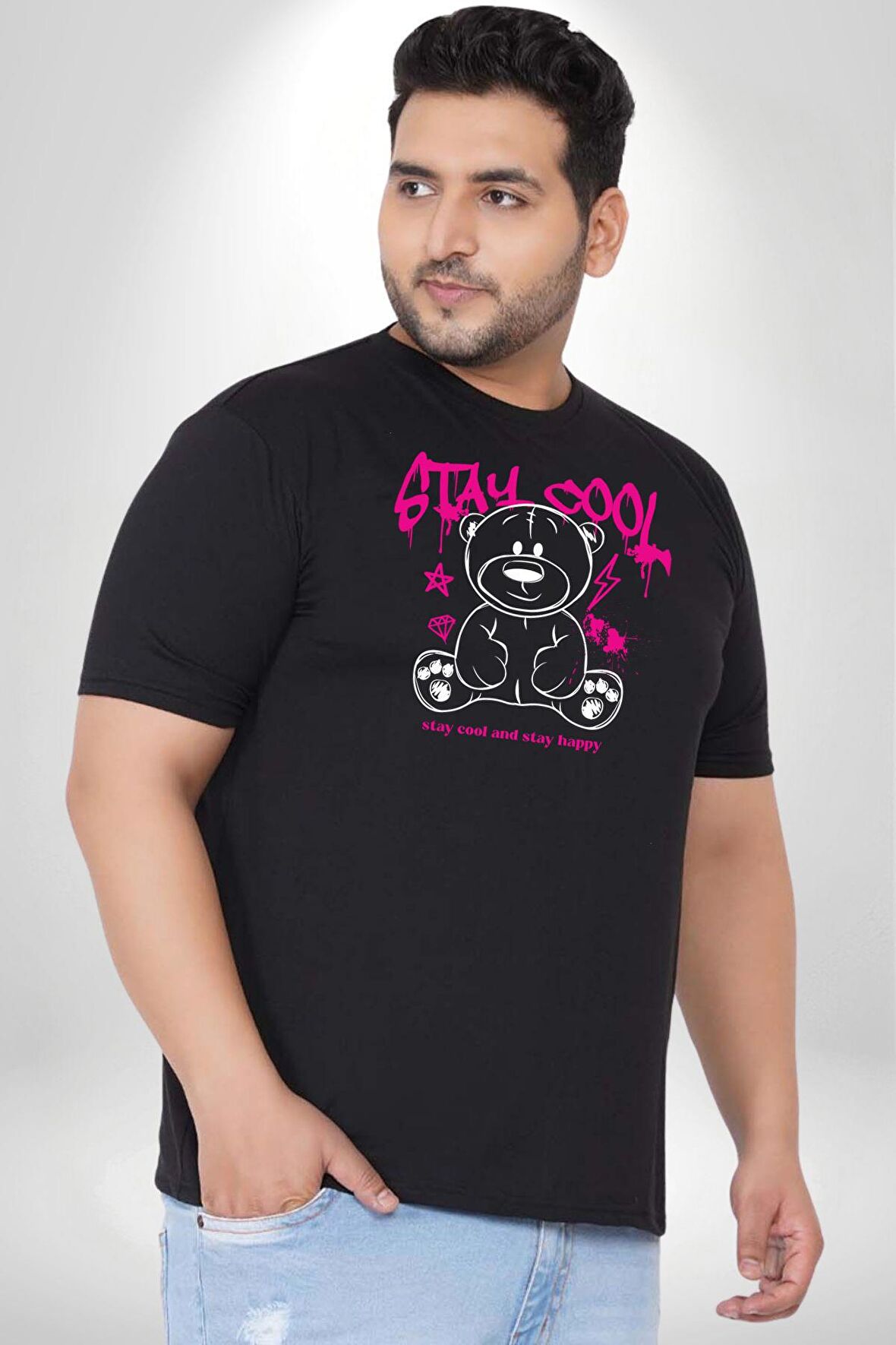 Serin Ve Mutlu Kal Siyah Büyük Beden Erkek Kadın Unisex Basic Ön Baskılı Tişört