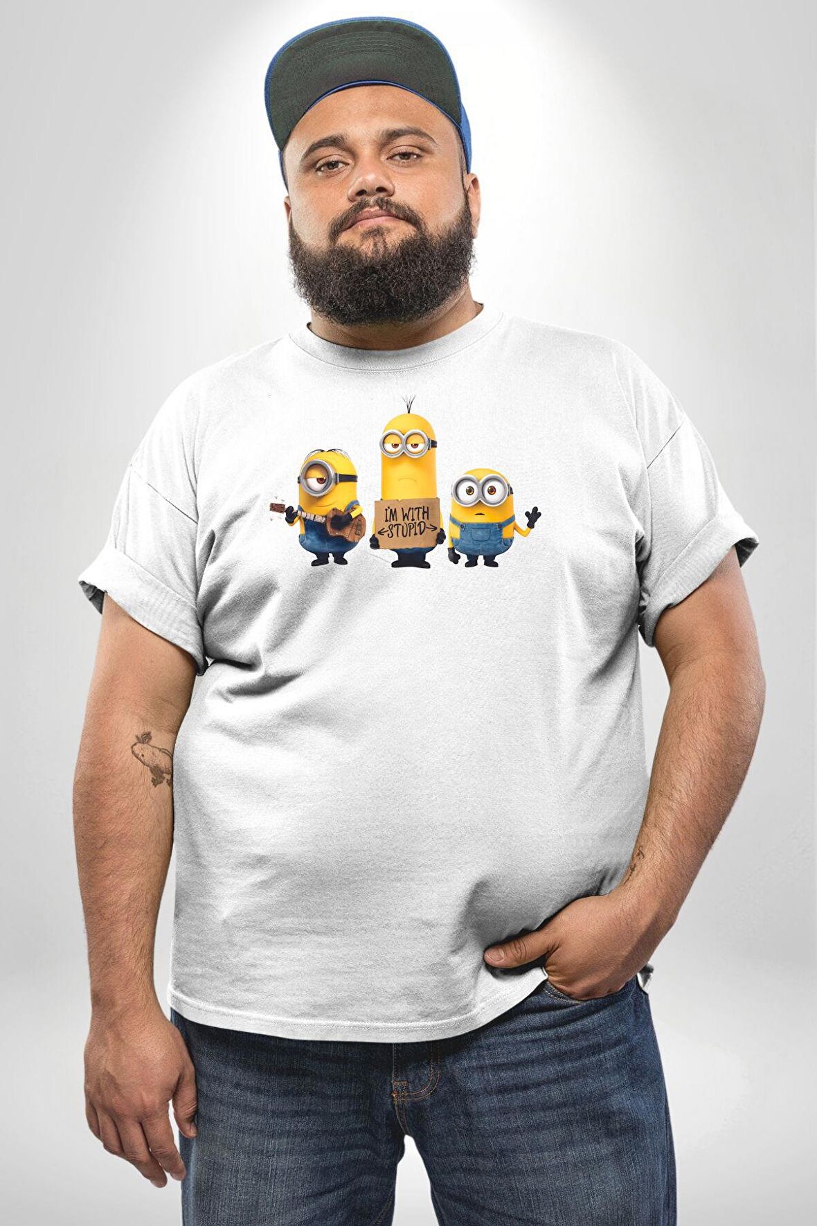 Minion Beyaz Büyük Beden Kadın Erkek Ünisex  Basic Ön Baskılı Tişört