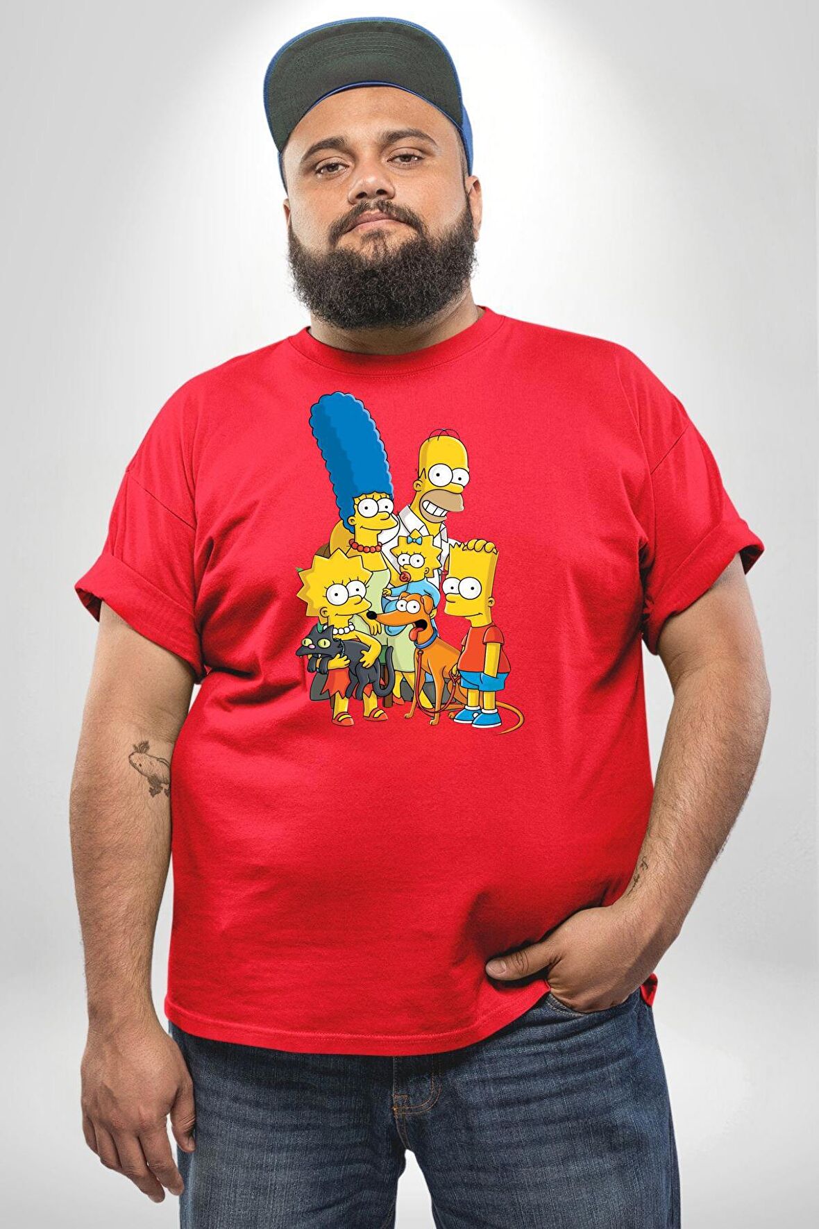 The Simpsons  Kırmızı Büyük Beden Erkek Kadın Unisex Basic Ön Baskılı Tişört