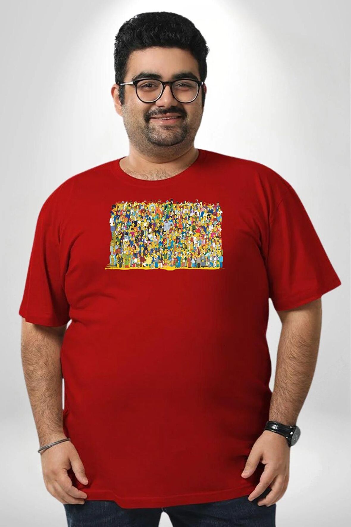 The Simpsons Karakterleri Kırmızı Büyük Beden Erkek Kadın Unisex Basic Ön Baskılı Tişört