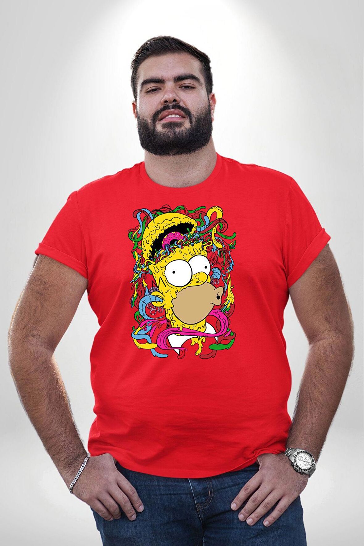 The Simpsons  Kırmızı Büyük Beden Erkek Kadın Unisex Basic Ön Baskılı Tişört