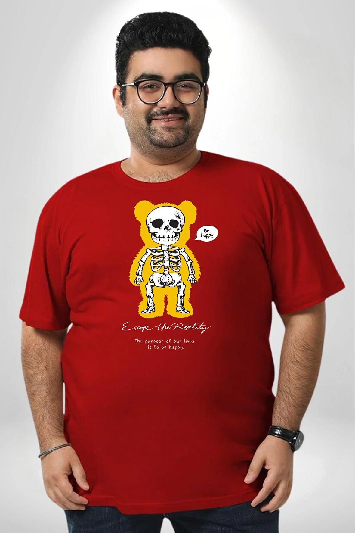 Mutlu Ol Kırmızı Büyük Beden Erkek Kadın Unisex Basic Ön Baskılı Tişört