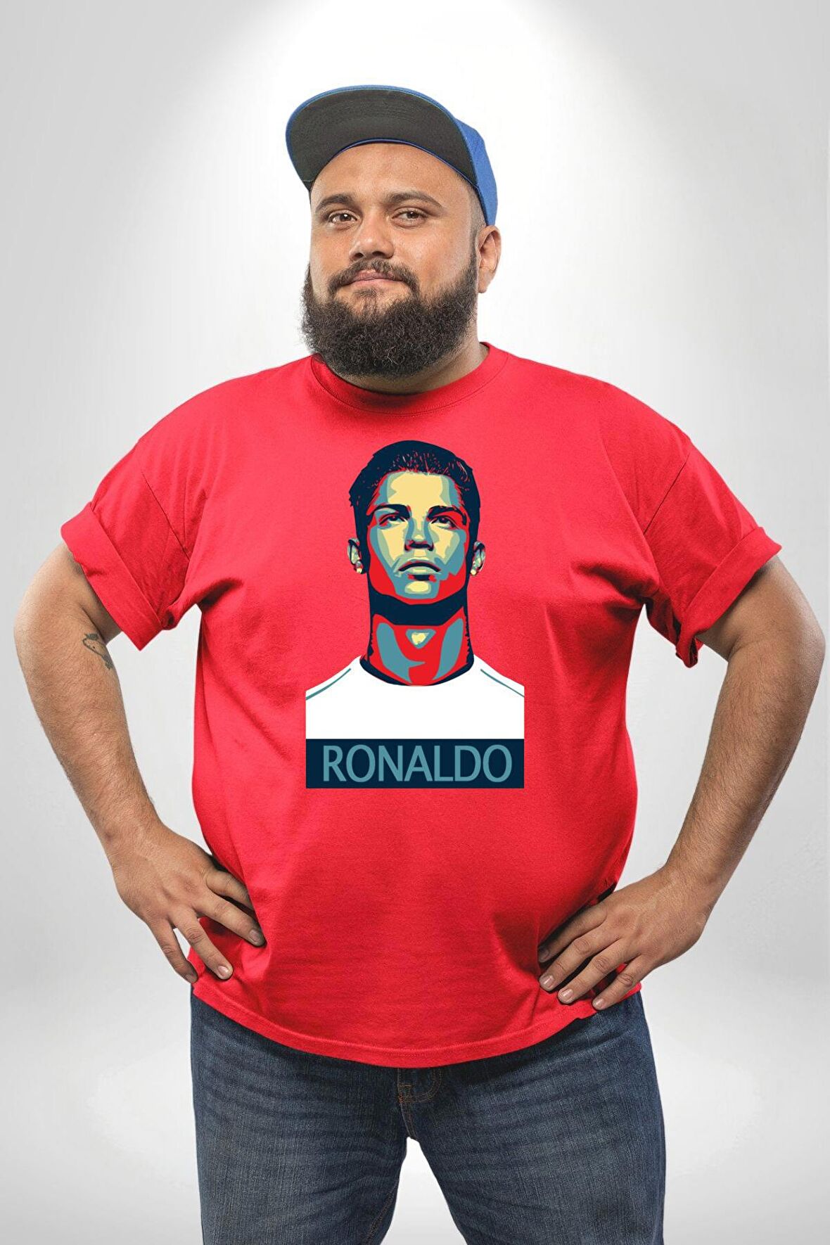 Ronaldo Kırmızı Büyük Beden Erkek Kadın Unisex Basic Ön Baskılı Tişört