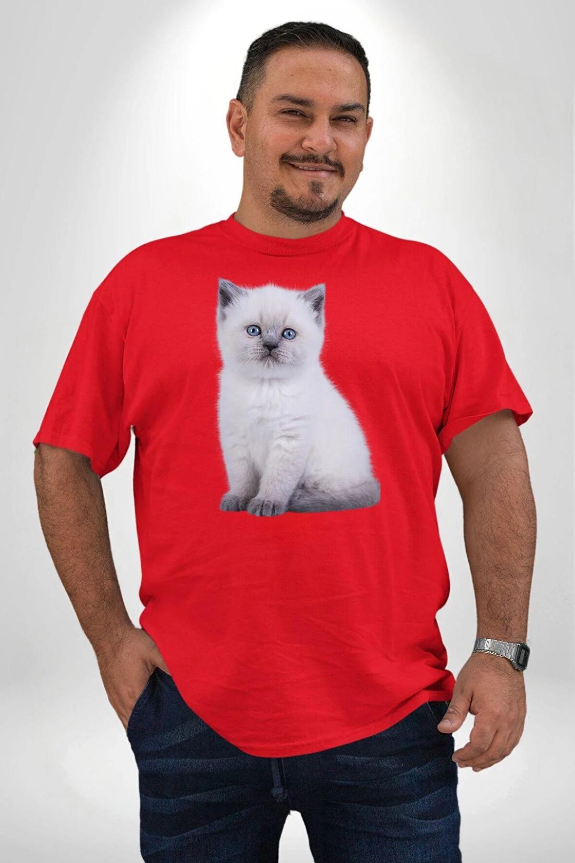 Beyaz Yavru Kedi Kırmızı Büyük Beden Erkek Kadın Unisex Basic Ön Baskılı Tişört