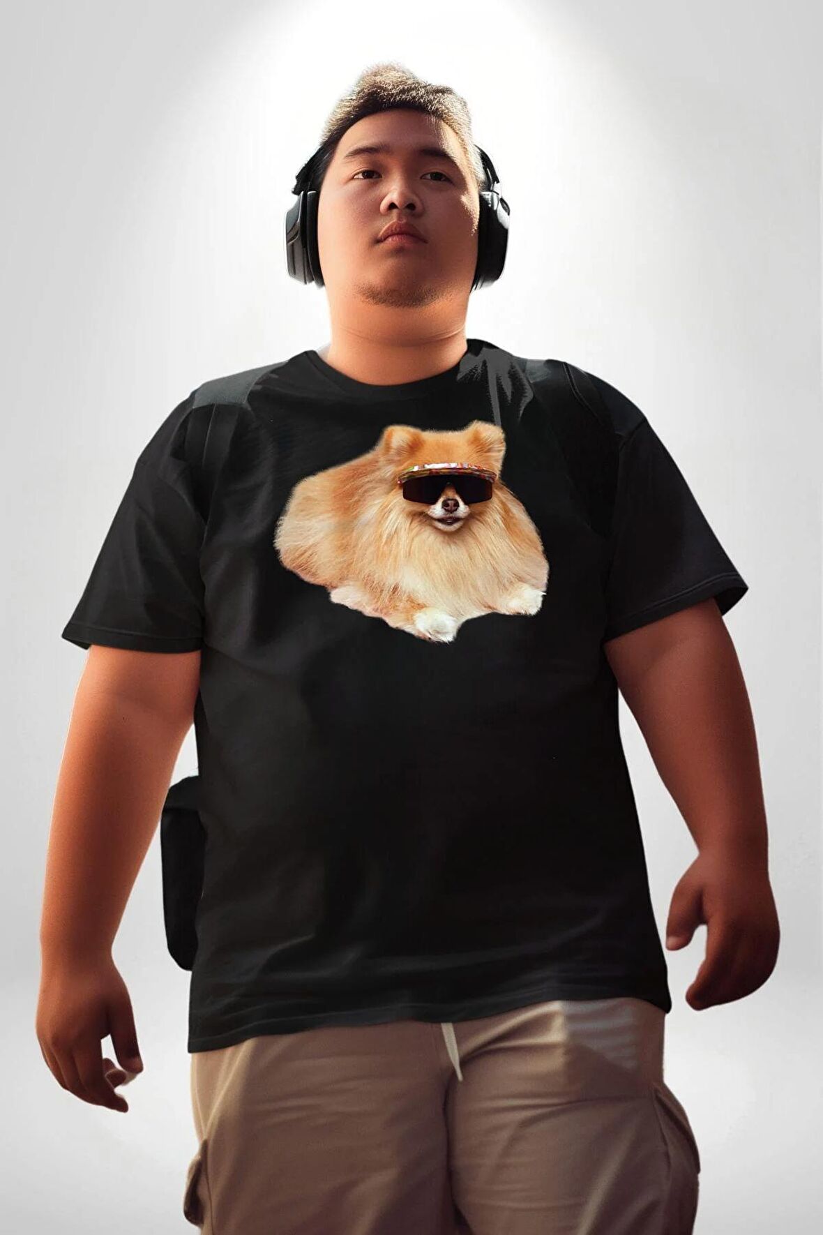 Pomernian Köpek Siyah Büyük Beden Erkek Kadın Unisex Basic Ön Baskılı Tişört