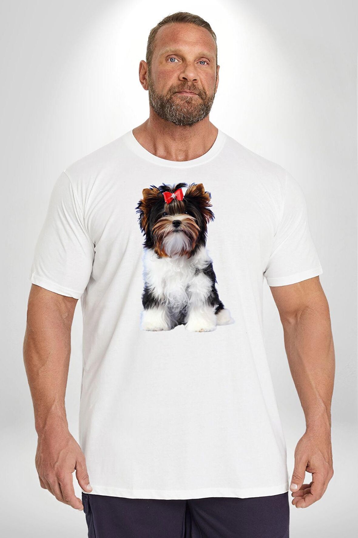Biewer Yorshire Terrier Beyaz Büyük Beden Kadın Erkek Ünisex  Basic Ön Baskılı Tişört