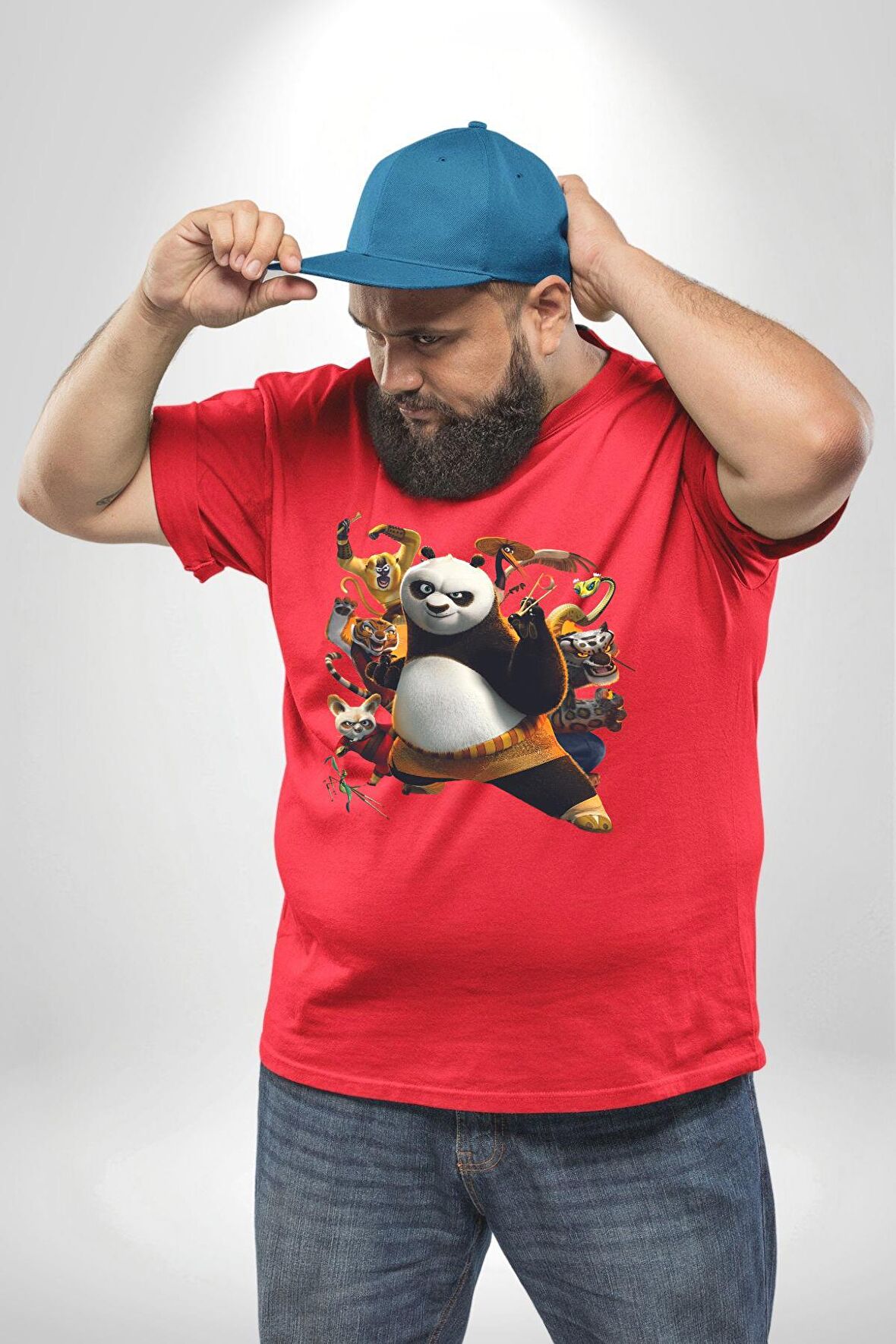 Kung Fu Panda Kırmızı Büyük Beden Erkek Kadın Unisex Basic Ön Baskılı Tişört