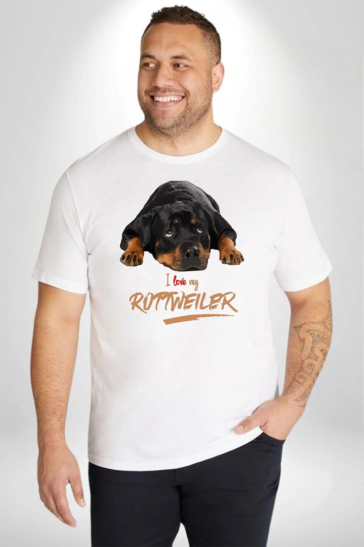 Rottweiler Sevgisi Beyaz Büyük Beden Kadın Erkek Ünisex  Basic Ön Baskılı Tişört