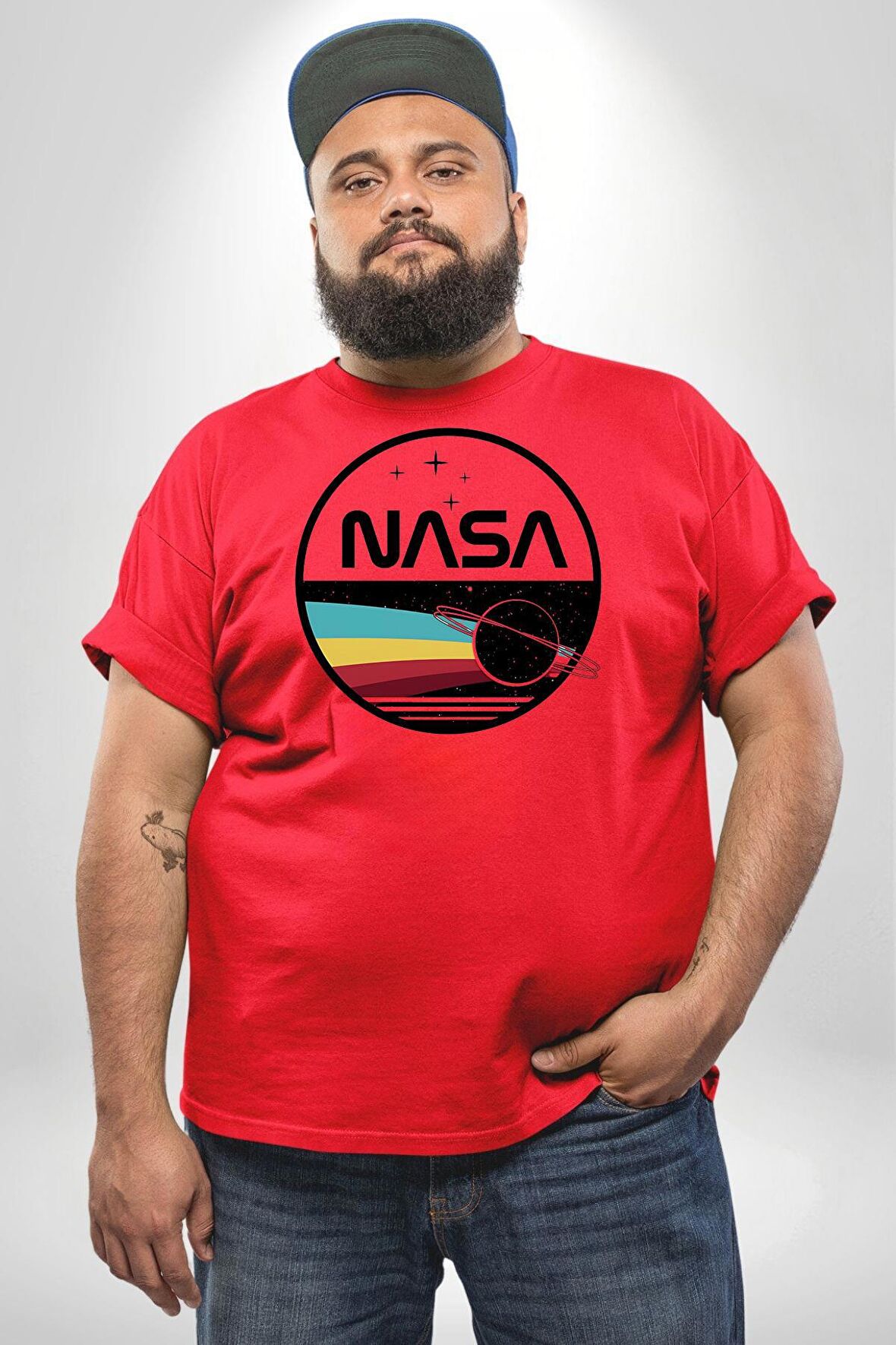 Nasa Uzay Tasarımı Kırmızı Büyük Beden Erkek Kadın Unisex Basic Ön Baskılı Tişört