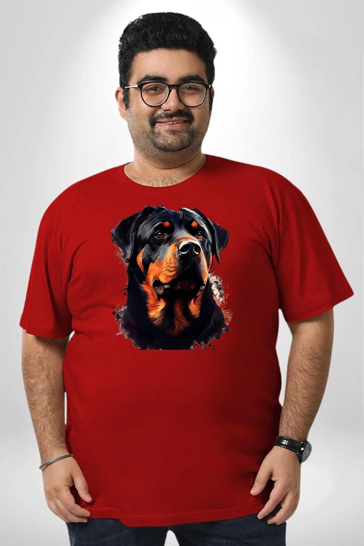 Sulu Boya Rottweiler Kırmızı Büyük Beden Erkek Kadın Unisex Basic Ön Baskılı Tişört