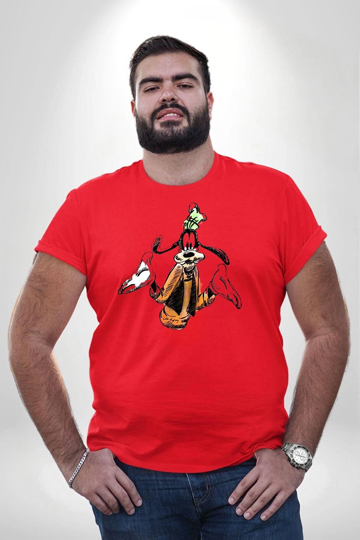 Goofy Özel Tasarım Kırmızı Büyük Beden Erkek Kadın Unisex Basic Ön Baskılı Tişört