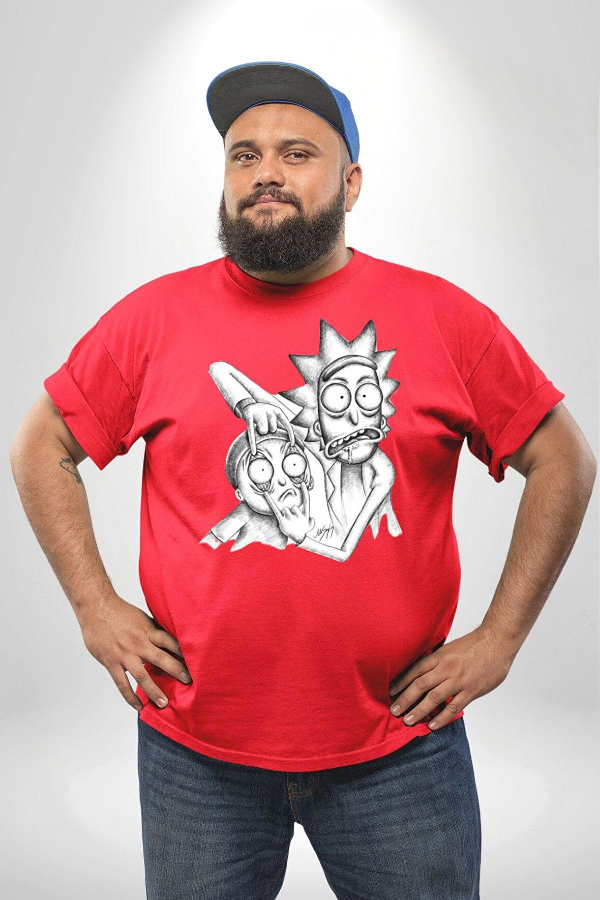 Rick and Morty Karakalem Çalışması Kırmızı Büyük Beden Erkek Kadın Unisex Basic Ön Baskılı Tişört