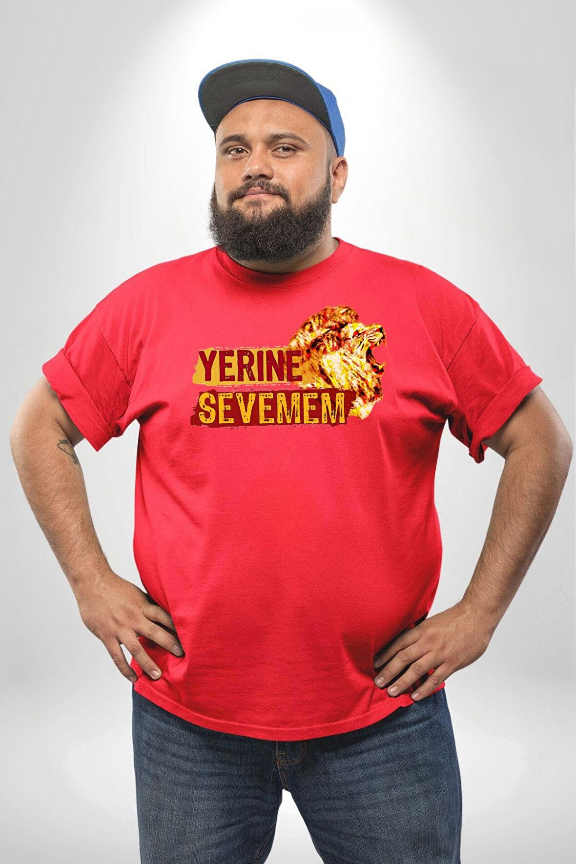 Yerine Sevemem Aslan Sarı Kırmızı  Kırmızı Büyük Beden Erkek Kadın Unisex Basic Ön Baskılı Tişört