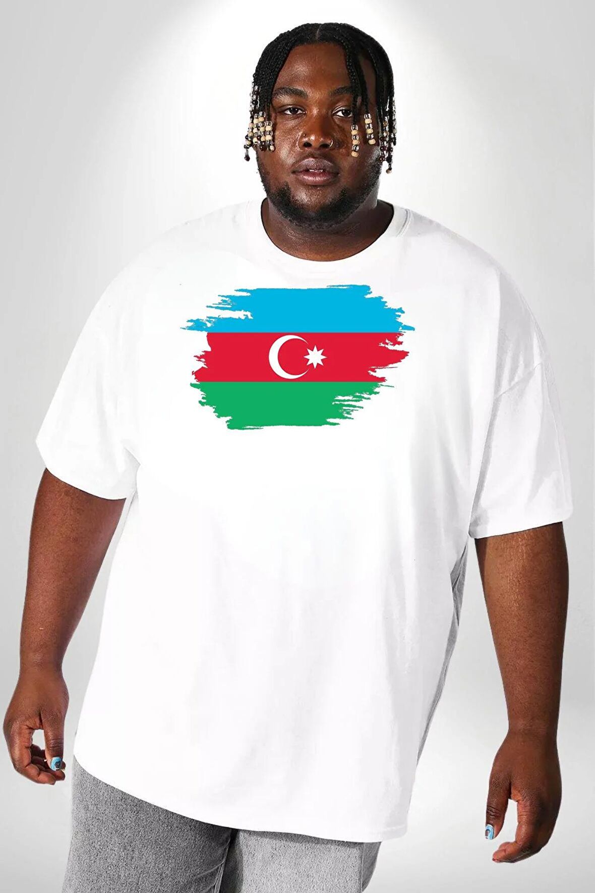 Azerbeycan Bayrağı Beyaz Büyük Beden Kadın Erkek Ünisex  Basic Ön Baskılı Tişört
