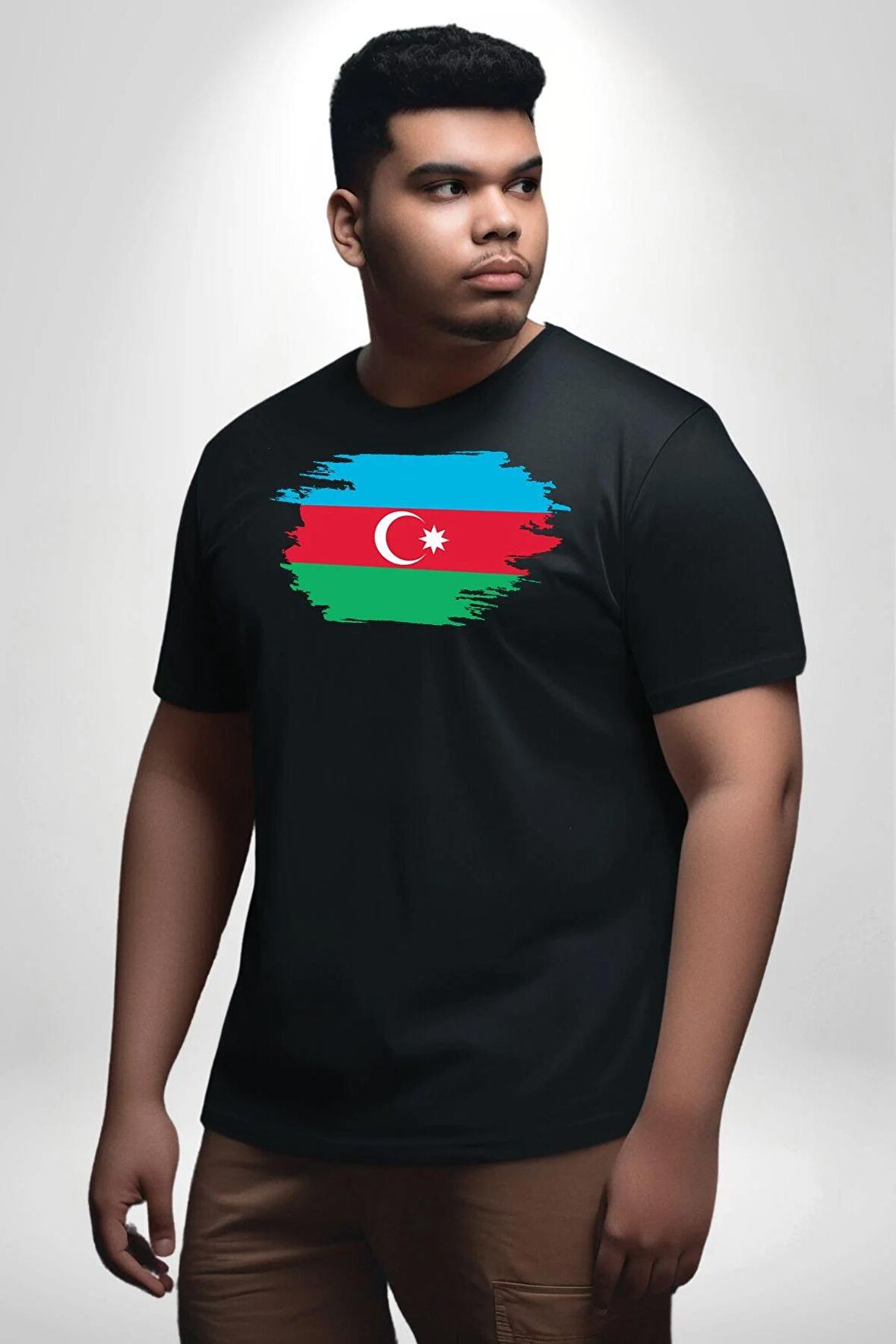 Azerbeycan Bayrağı Siyah Büyük Beden Erkek Kadın Unisex Basic Ön Baskılı Tişört