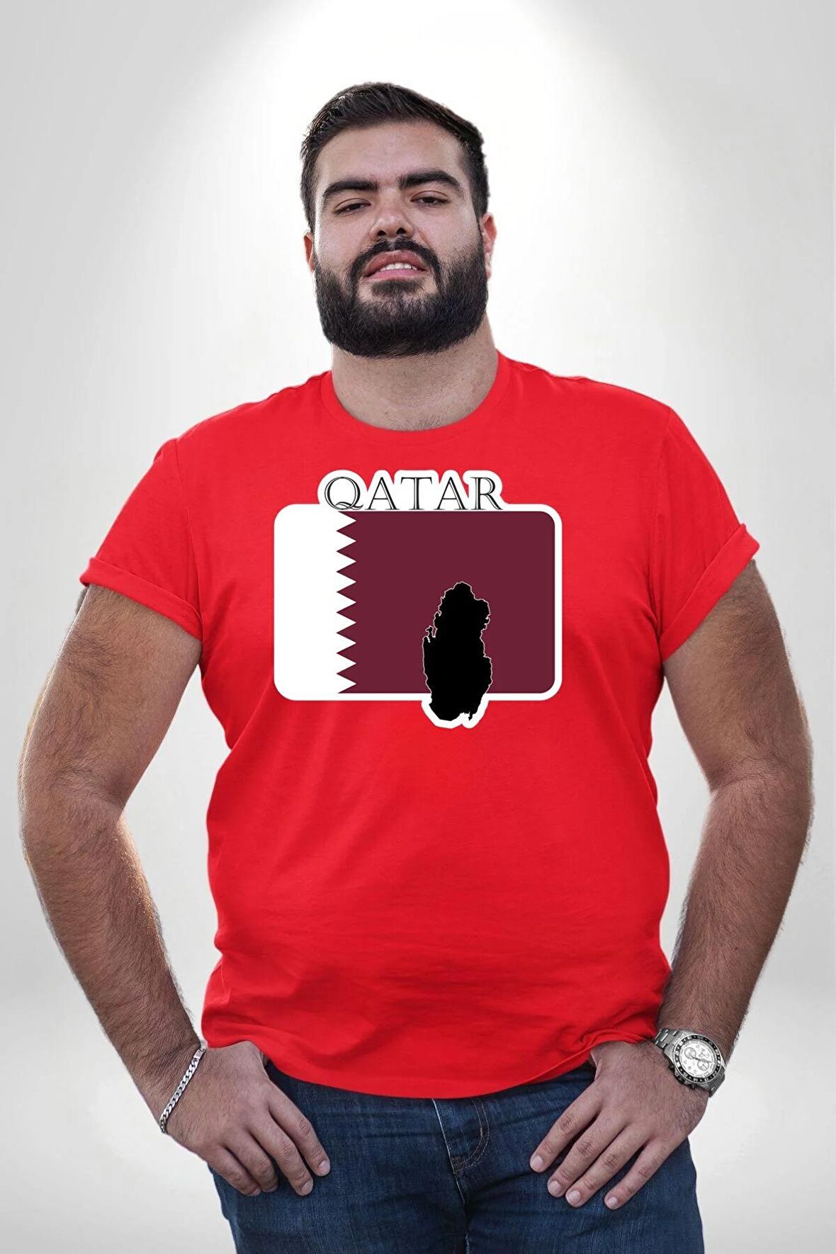 Katar Bayrağı Kırmızı Büyük Beden Erkek Kadın Unisex Basic Ön Baskılı Tişört