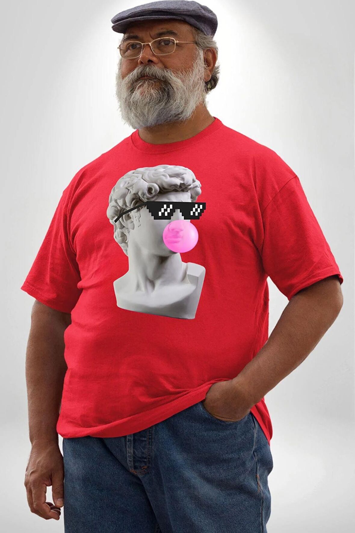 Gözlüklü David'in Kafasının Alçı Heykeli Kırmızı Büyük Beden Erkek Kadın Unisex Basic Ön Baskılı Tişört