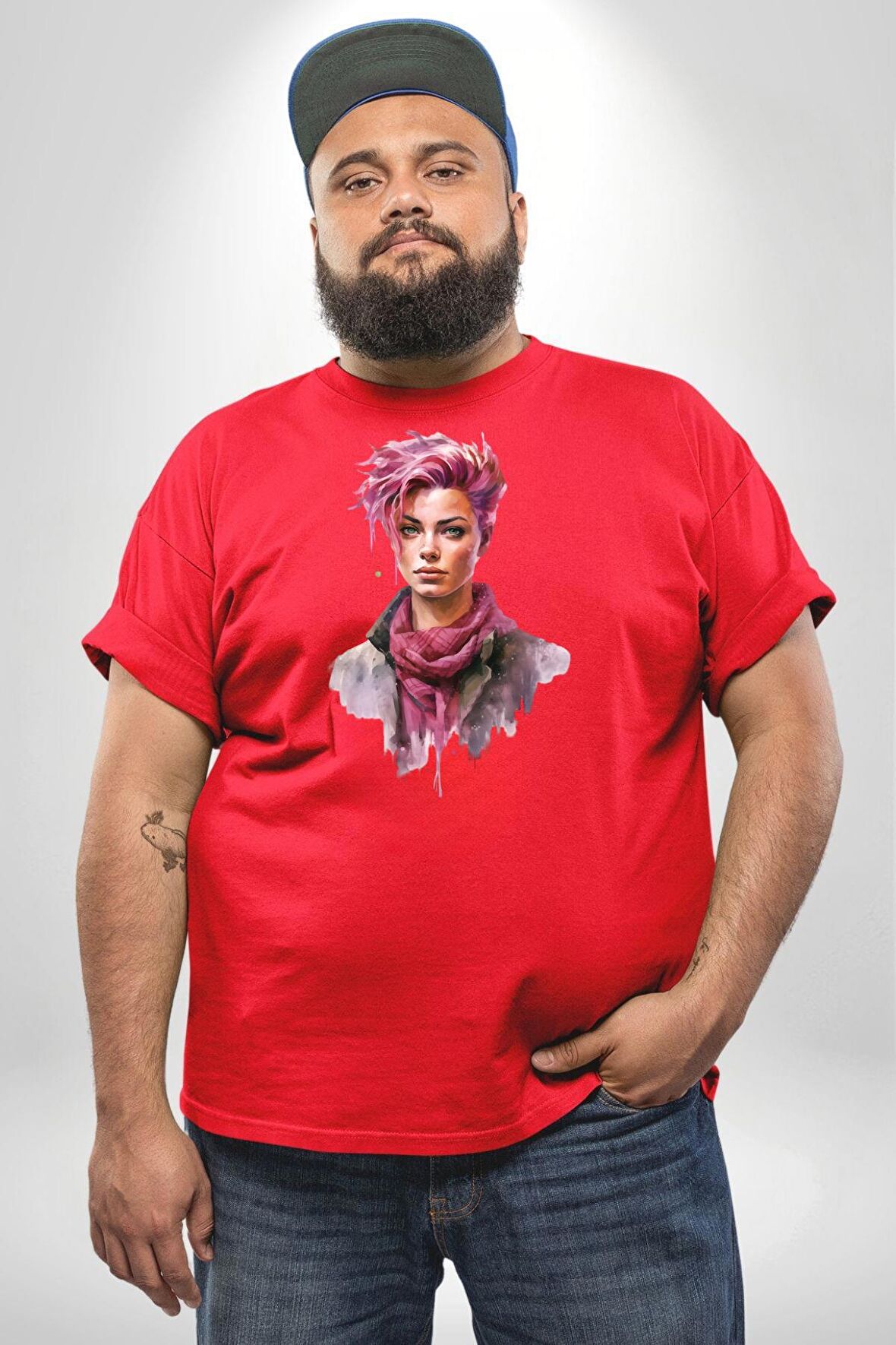 Pembe Saçlı Erkek Kadın Unisex  Kırmızı Büyük Beden Erkek Kadın Unisex Basic Ön Baskılı Tişört