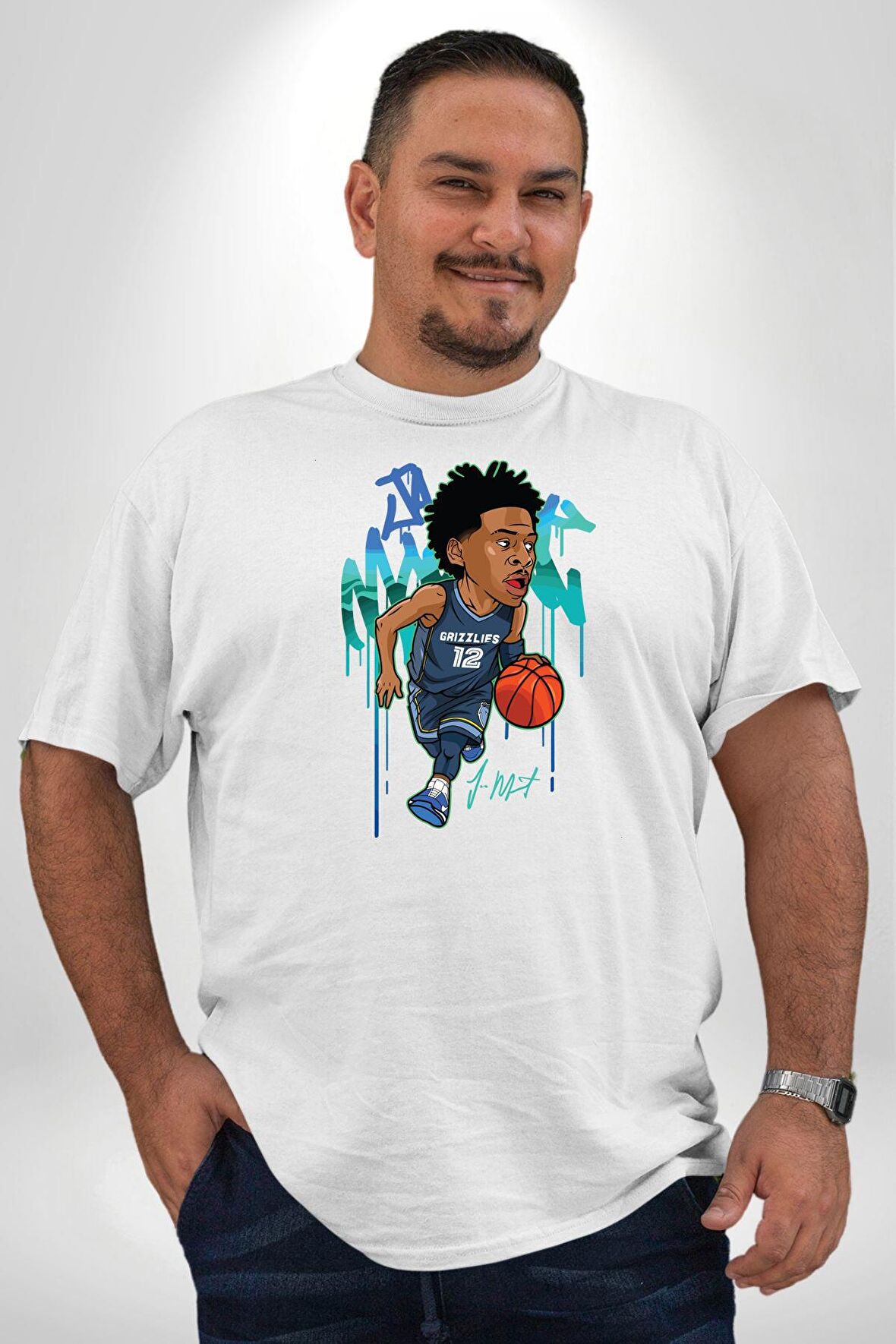 Ja Morant Basketbol  Beyaz Büyük Beden Kadın Erkek Ünisex  Basic Ön Baskılı Tişört