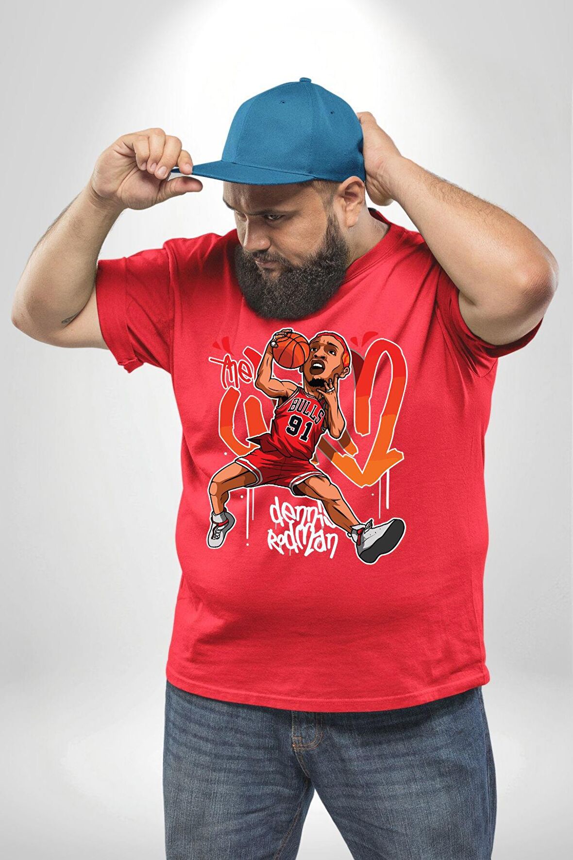 Chicago Bulls 91 Dennis Rodman Kırmızı Büyük Beden Erkek Kadın Unisex Basic Ön Baskılı Tişört
