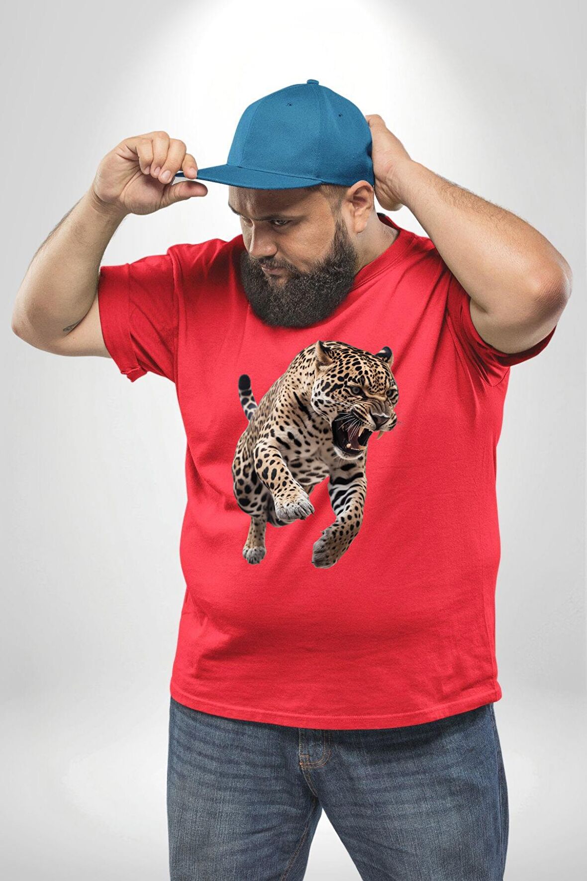 Jaguar Sırtından Çıkan Kırmızı Büyük Beden Erkek Kadın Unisex Basic Ön Baskılı Tişört