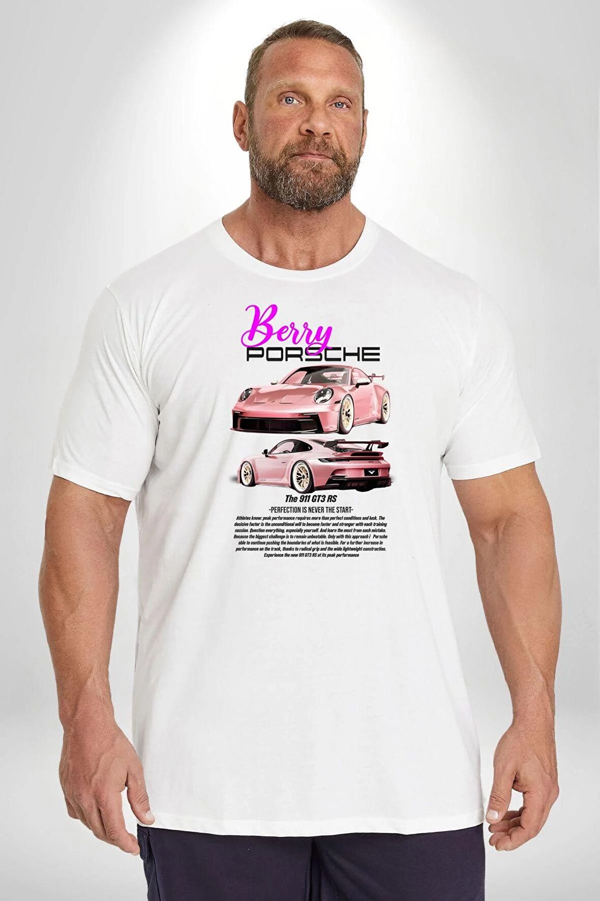 Pembe Porshe Berry The 911 GT3 RS Araba Beyaz Büyük Beden Kadın Erkek Ünisex  Basic Ön Baskılı Tişört