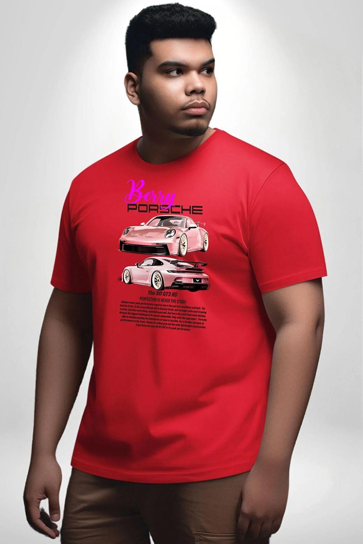 Pembe Porshe Berry The 911 GT3 RS Araba Kırmızı Büyük Beden Erkek Kadın Unisex Basic Ön Baskılı Tişört