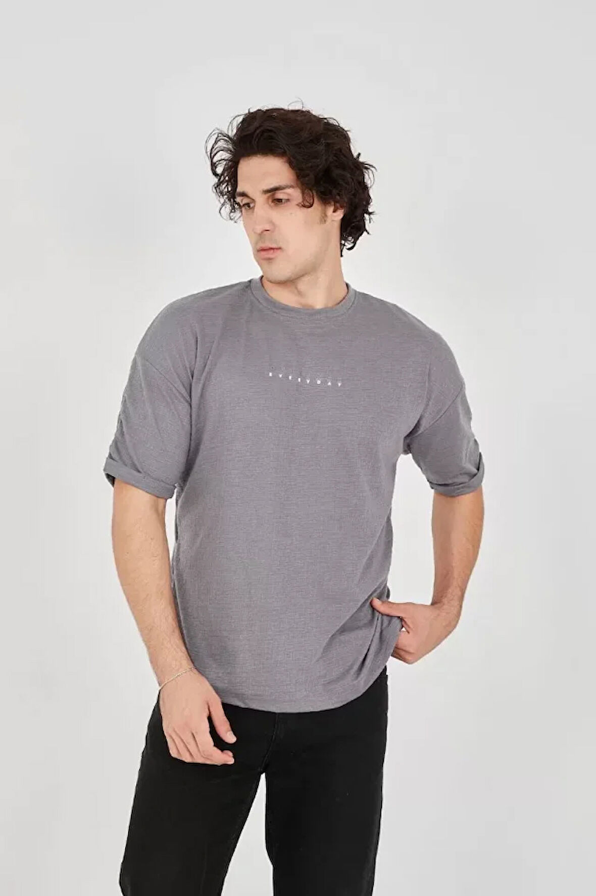 Livizmir Moda Unisex Jakar Kumaş Rahat Kol T-Shirt - Gri