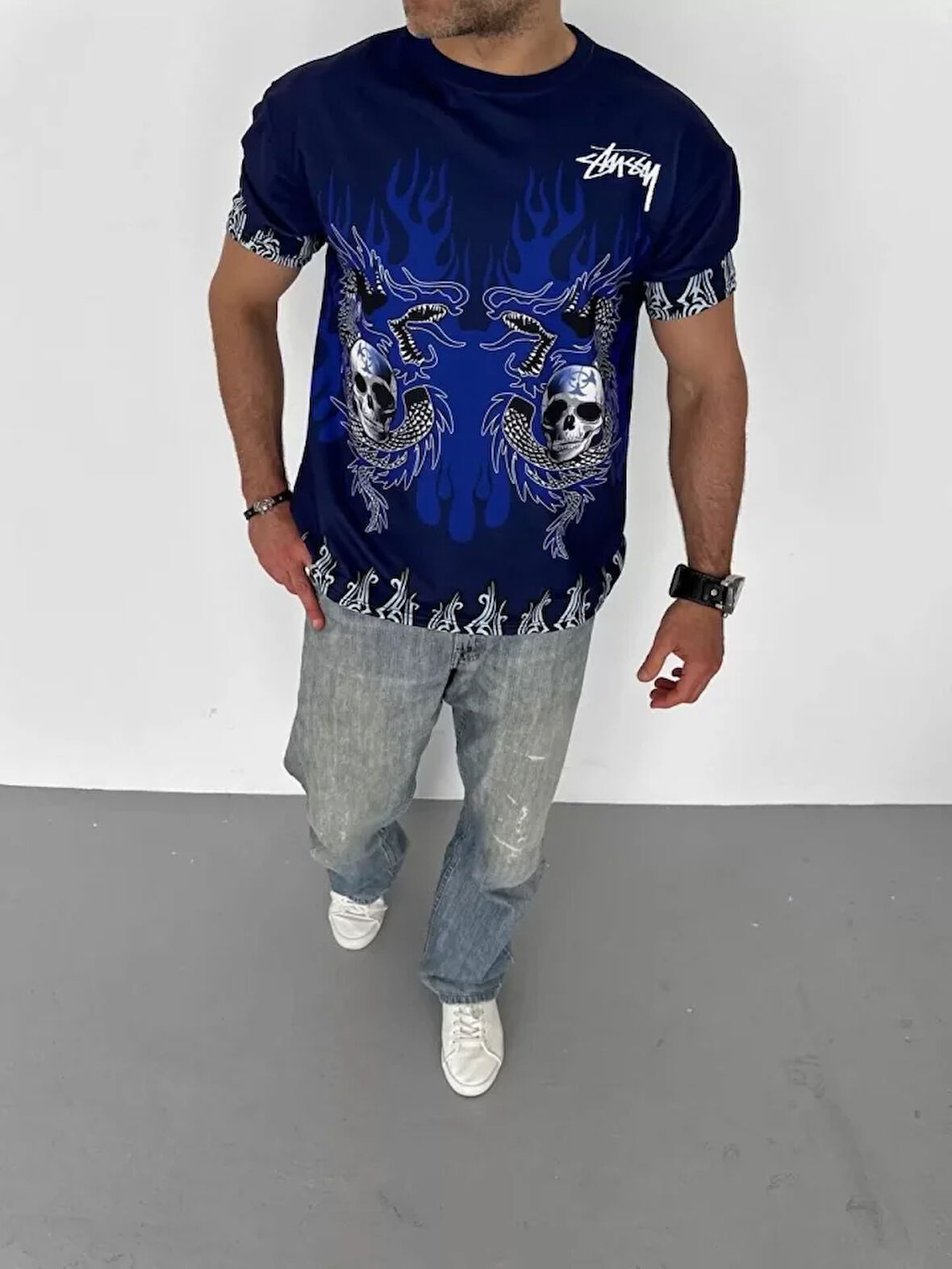 Livizmir Moda Unisex Bisiklet Yaka Baskılı Oversize T-Shirt - Lacivert