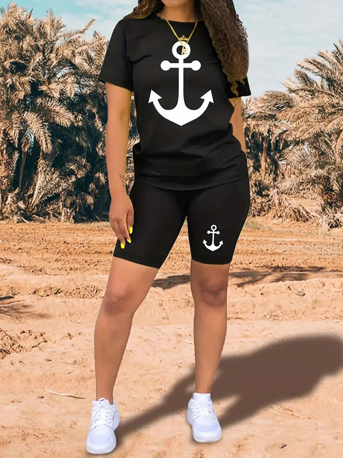 Livizmir Moda Kadın Kısa Kollu çapa Baskılı Viskon Ikili Takım